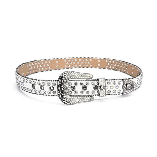 Skull Buckle White Strap with Crystal Studs Rhinestone Belt-Belts-The Rhinestone Belts