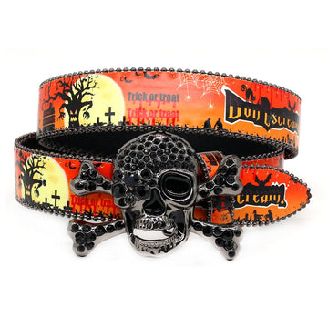 Skull Buckle with OrangeStrap for Halloween Rhinestone Belt-Belts-The Rhinestone Belts