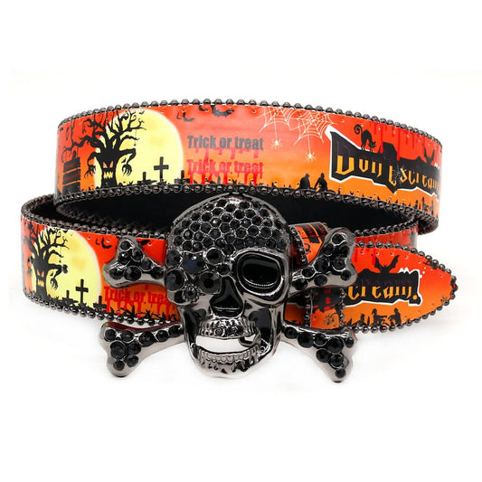 Skull Buckle with OrangeStrap for Halloween Rhinestone Belt-Belts-The Rhinestone Belts