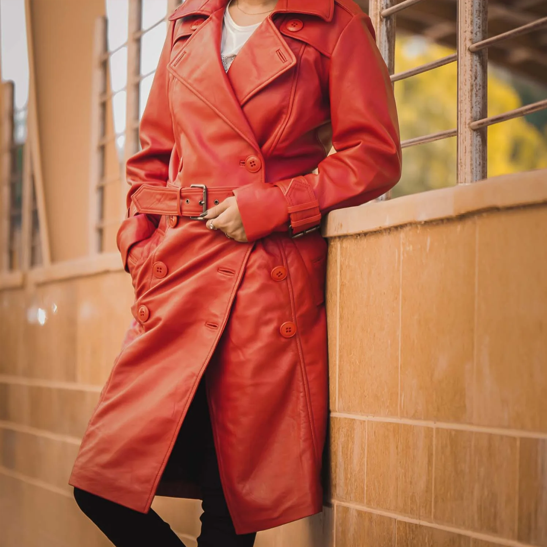 Women's Red Double Breasted Leather Trench Coat