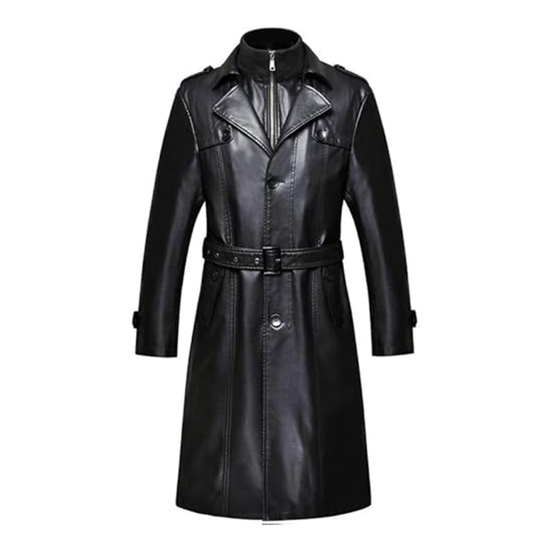 Black Double Collar Long Trench Leather Coat