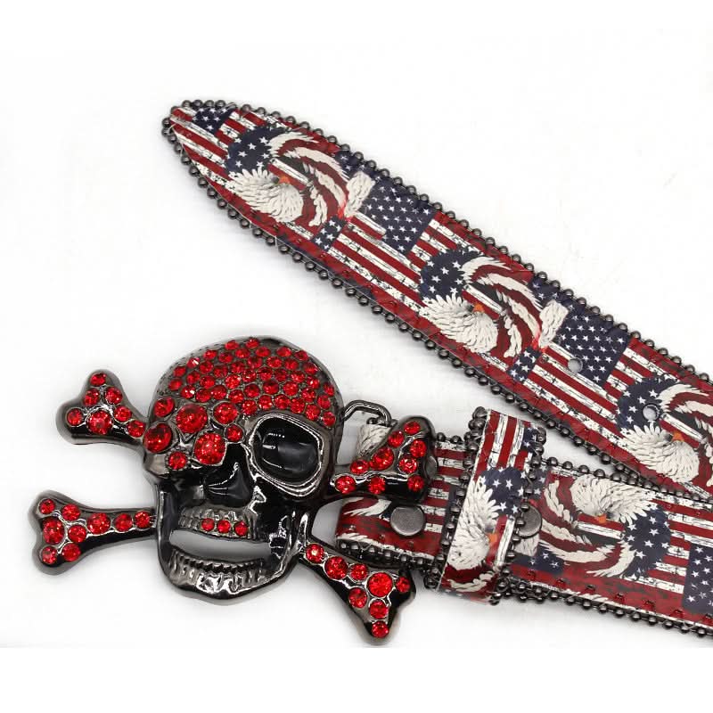 American Flag Skull Buckle with Red Strap Rhinestone Belt-Belts-The Rhinestone Belts