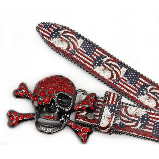 American Flag Skull Buckle with Red Strap Rhinestone Belt-Belts-The Rhinestone Belts