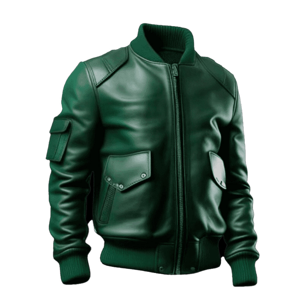 Men’s Green Sleeve Pocket Bomber Leather Jacket