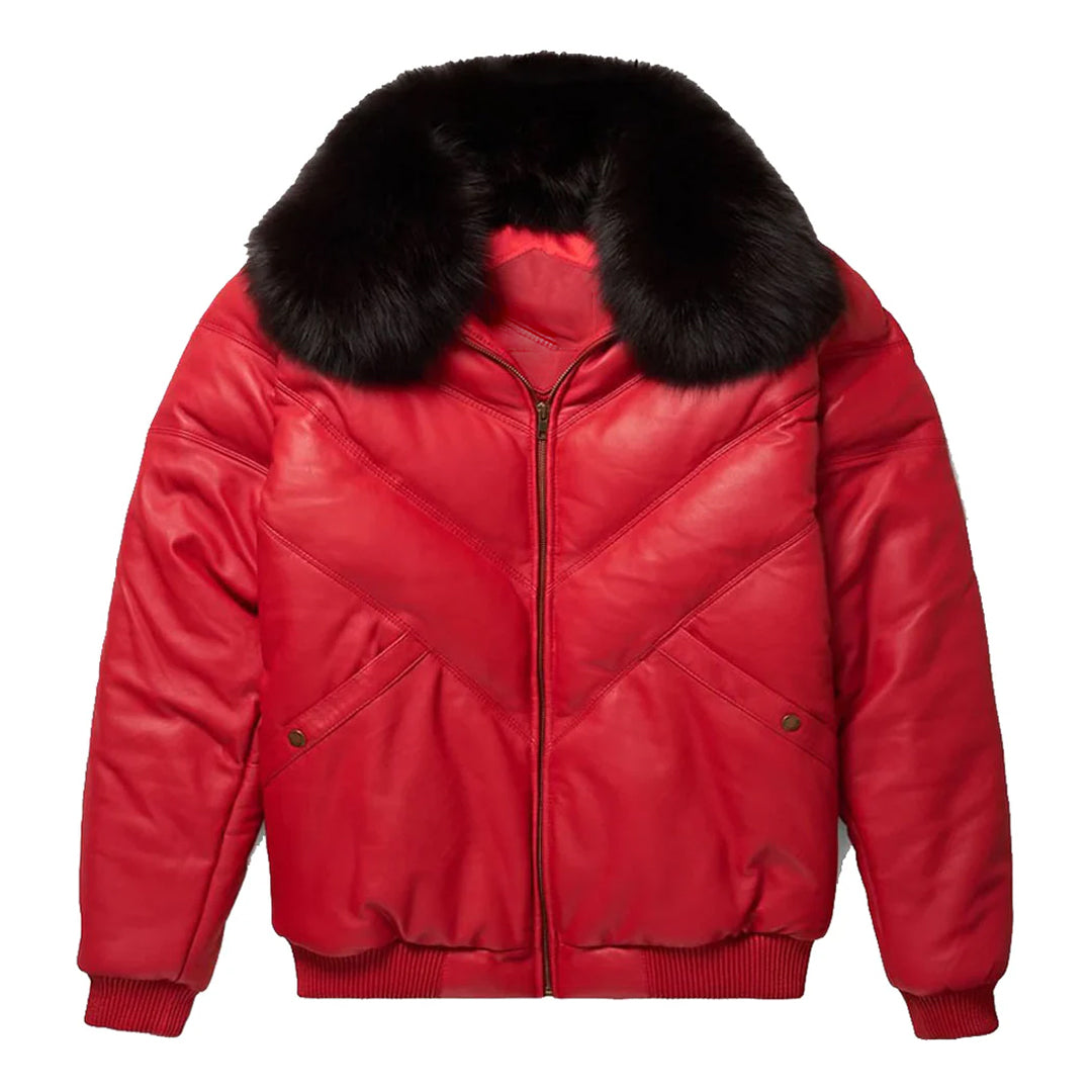 Men's Red V-Bomber Leather Jacket