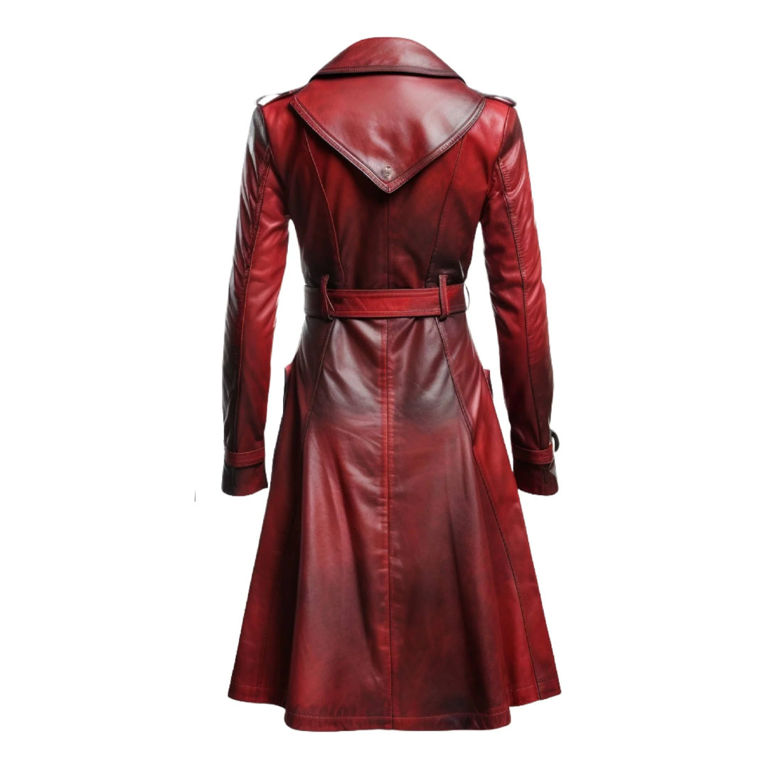 Women Red Vire Long Leather Coat