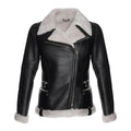 Women's White Faux Fur Merino Shearling Black Leather Jacket-Women Shearling Jacket-Wayne Leather Jackets