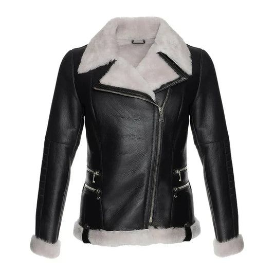 Women's White Faux Fur Merino Shearling Black Leather Jacket-Women Shearling Jacket-Wayne Leather Jackets