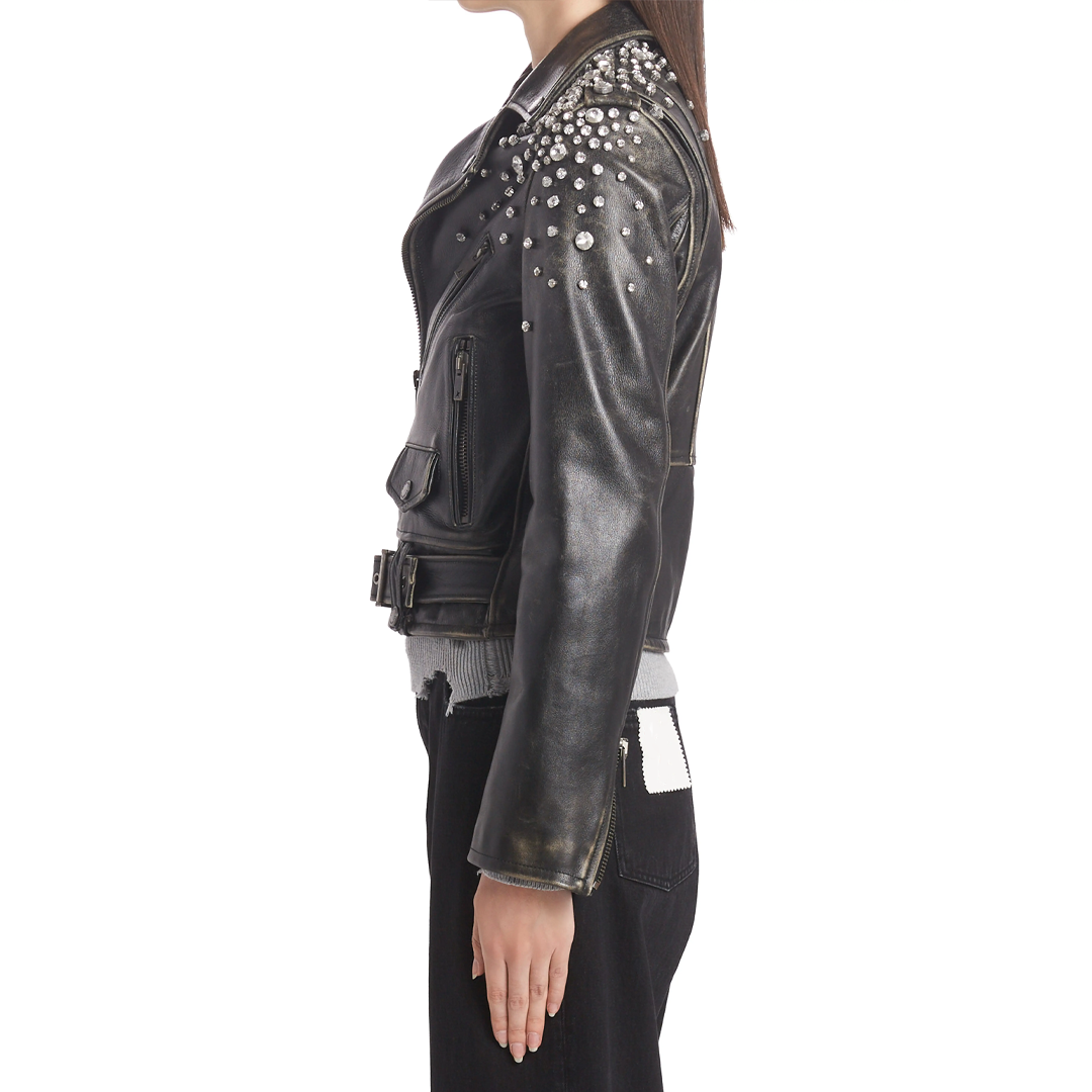 Women's Crystal Embellished Moto Leather Jacket