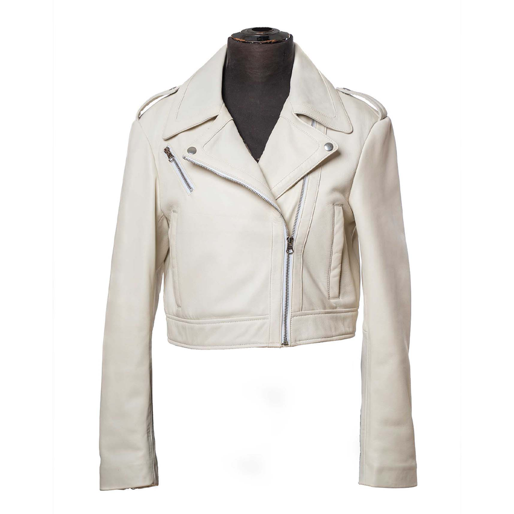 Crop fashion white leather jacket