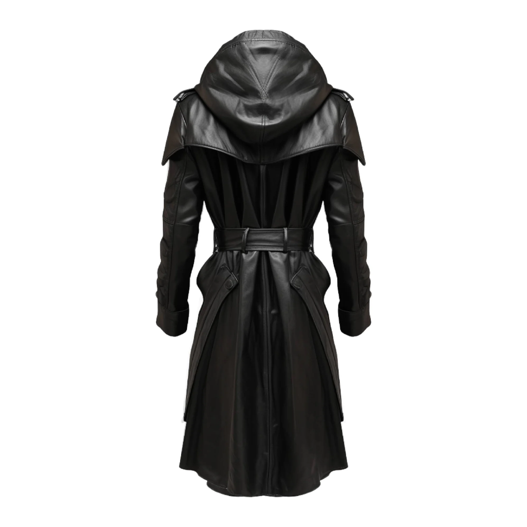 Black Stylish Hooded Leather Coat