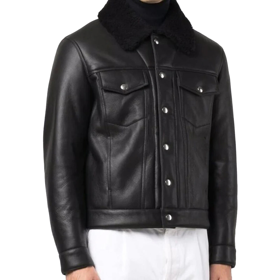 Men's Black Leather Trucker Jacket