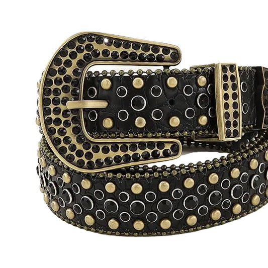 Black Rhinestones and Gold Studs with Black Textured Strap Rhinestone Belt-Belts-The Rhinestone Belts