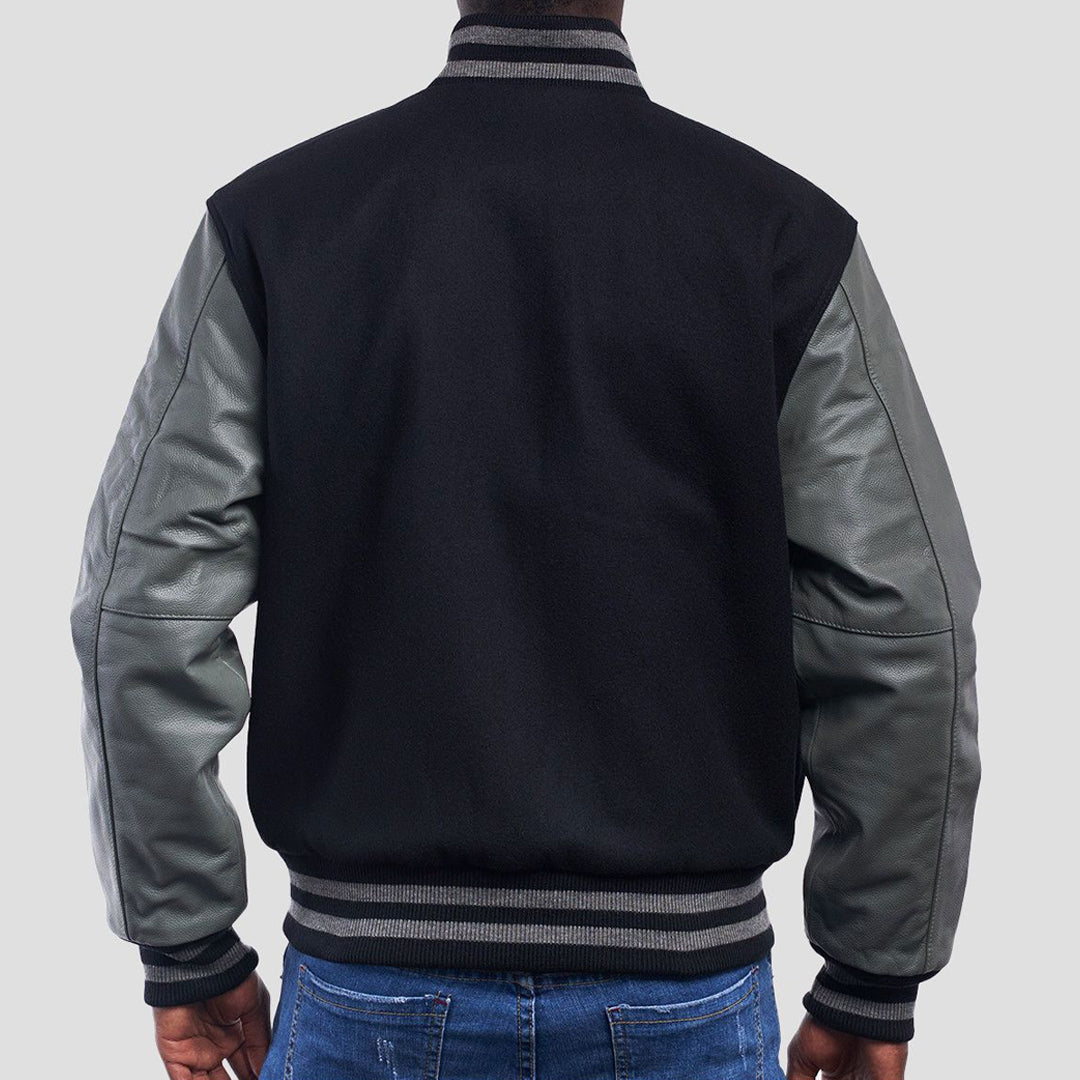 Black Wool Body & Grey Leather Sleeves Varsity Jacket