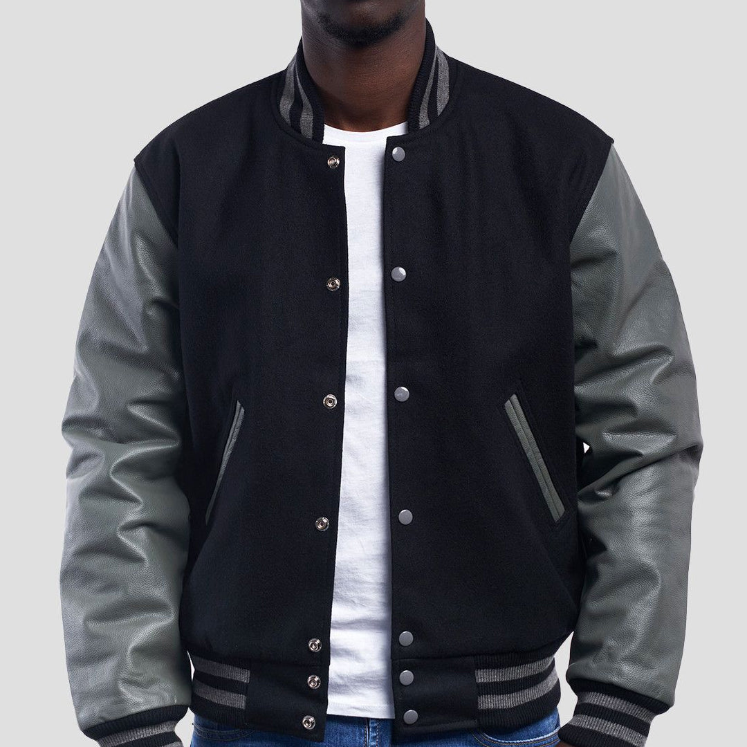 Black Wool Body & Grey Leather Sleeves Varsity Jacket