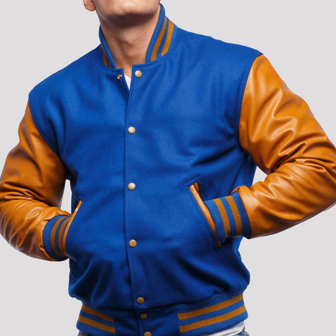 Bright Royal Wool Body & Old Gold Leather Sleeves Varsity Jacket