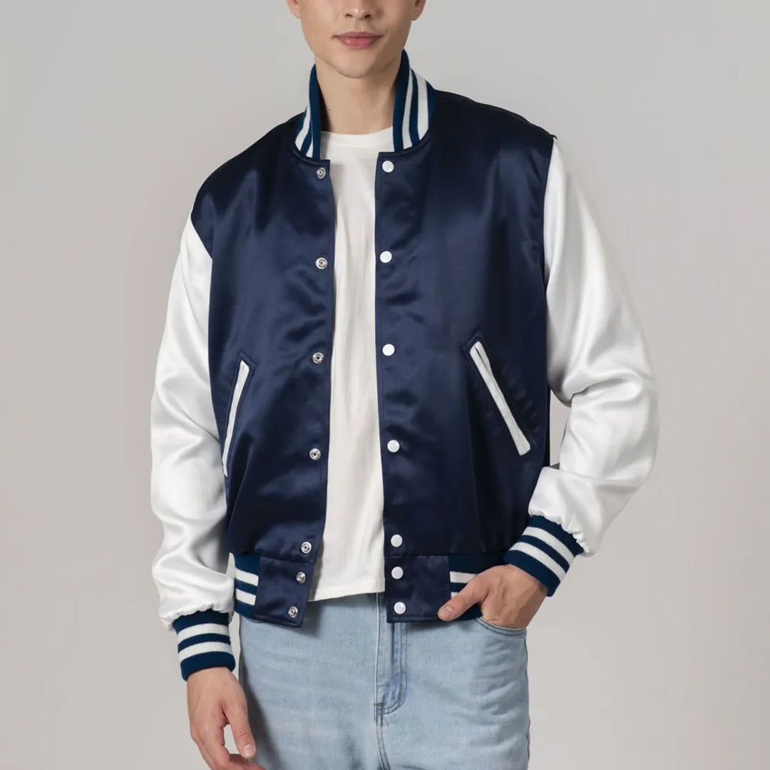 Navy Blue Satin And White Sleeves Jacket