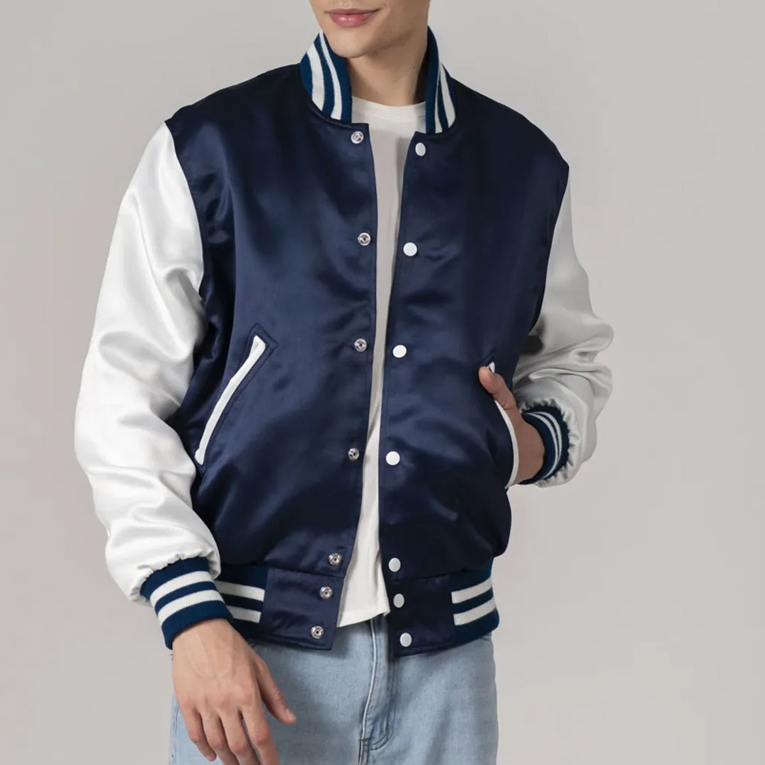 Navy Blue Satin And White Sleeves Jacket