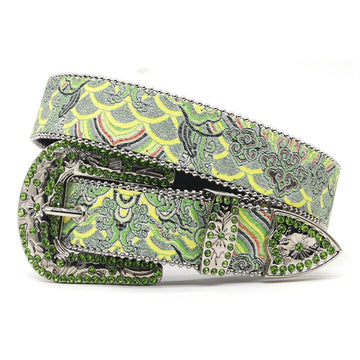 Art Style Engraved Buckle with Green Strap Rhinestone Belt-Belts-The Rhinestone Belts