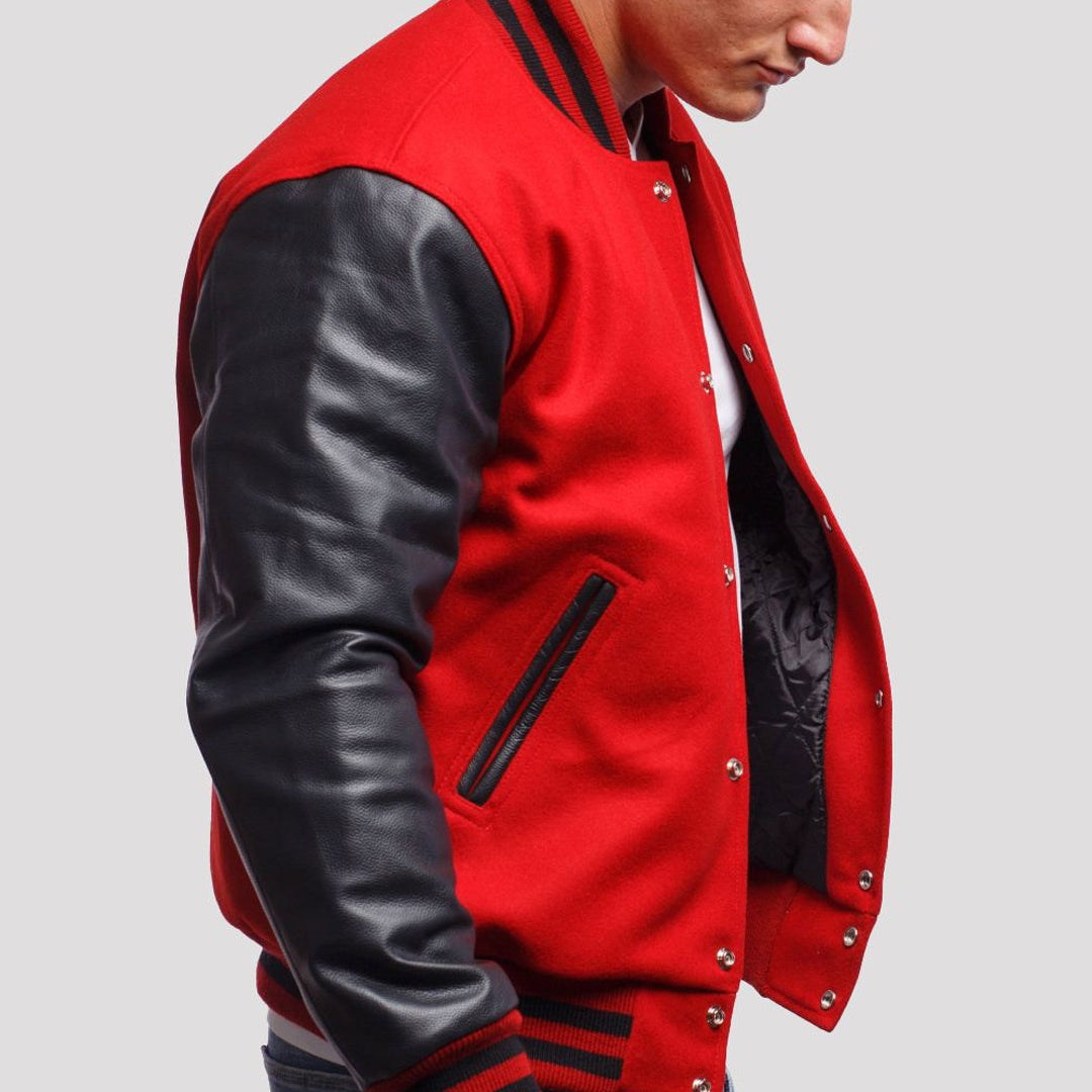 Scarlet Red Wool Body & Black Leather Sleeves Varsity Jacket