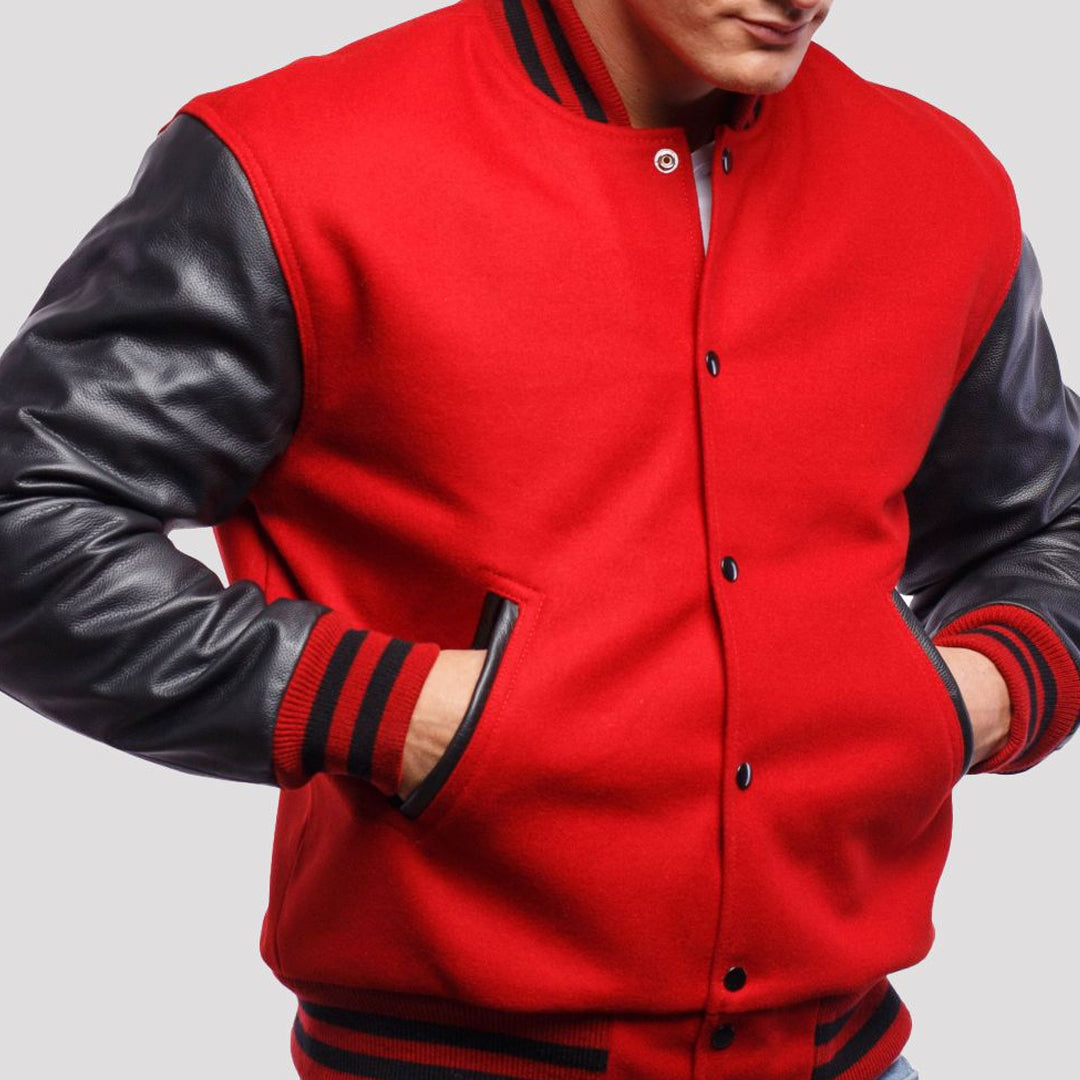 Scarlet Red Wool Body & Black Leather Sleeves Varsity Jacket