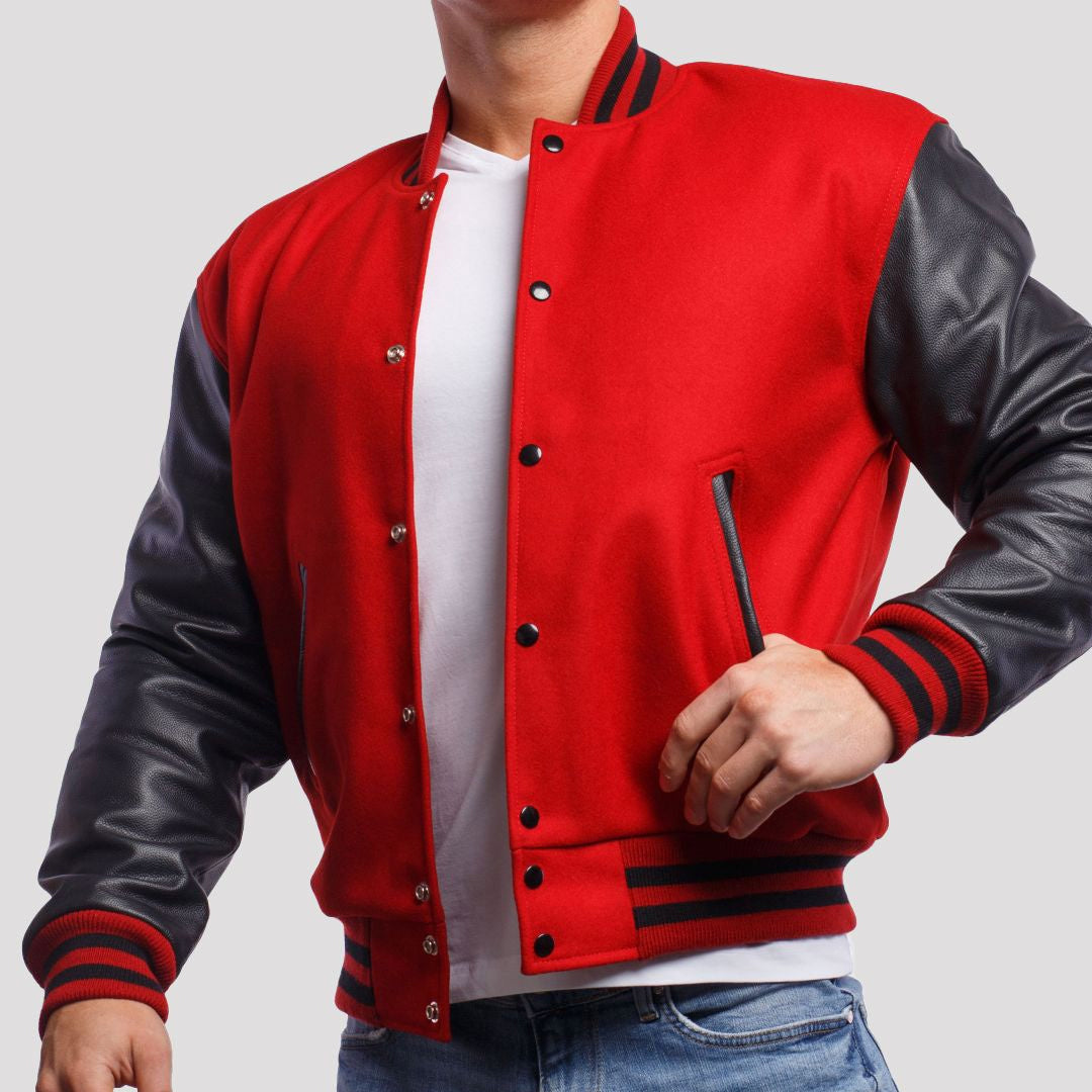 Scarlet Red Wool Body & Black Leather Sleeves Varsity Jacket