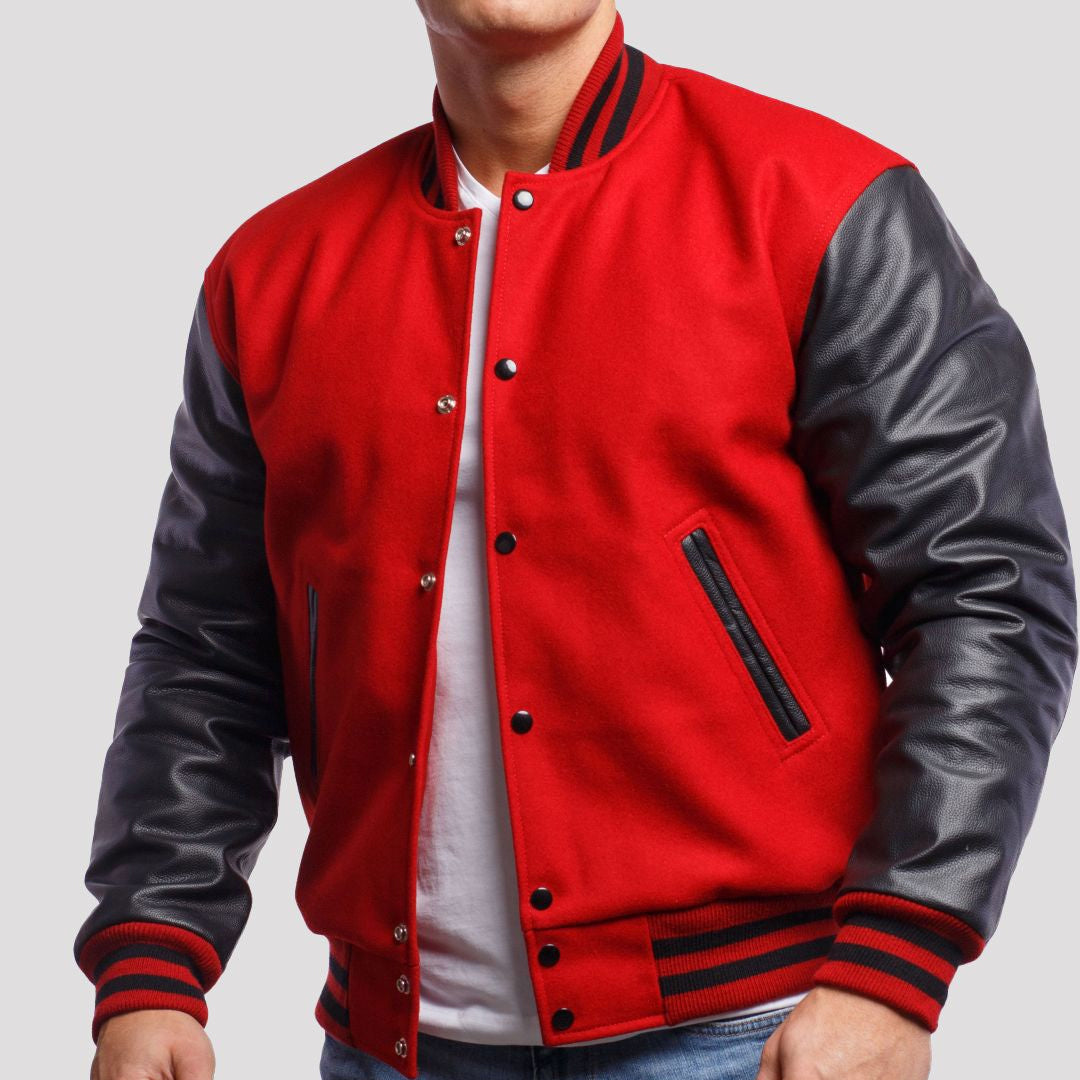 Scarlet Red Wool Body & Black Leather Sleeves Varsity Jacket