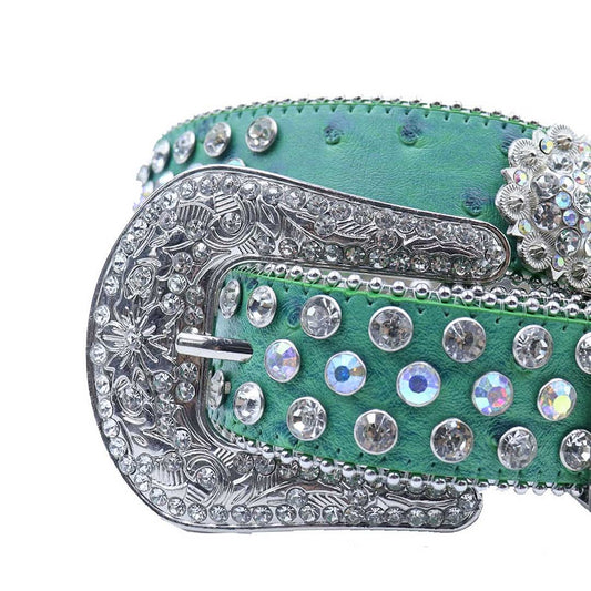 Engraved Buckle Flower Green Strap with Multi and Crystal Studs Rhinestone Belt-Belts-The Rhinestone Belts