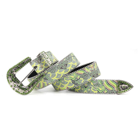 Art Style Engraved Buckle with Green Strap Rhinestone Belt-Belts-The Rhinestone Belts