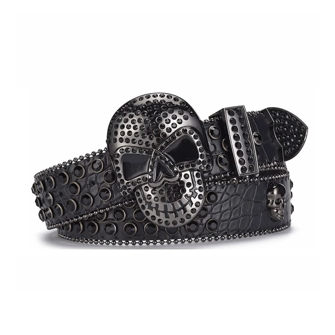 Skull Buckle Black Strap with Black Studs Rhinestone Belt-Belts-The Rhinestone Belts