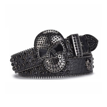 Skull Buckle Black Strap with Black Studs Rhinestone Belt-Belts-The Rhinestone Belts