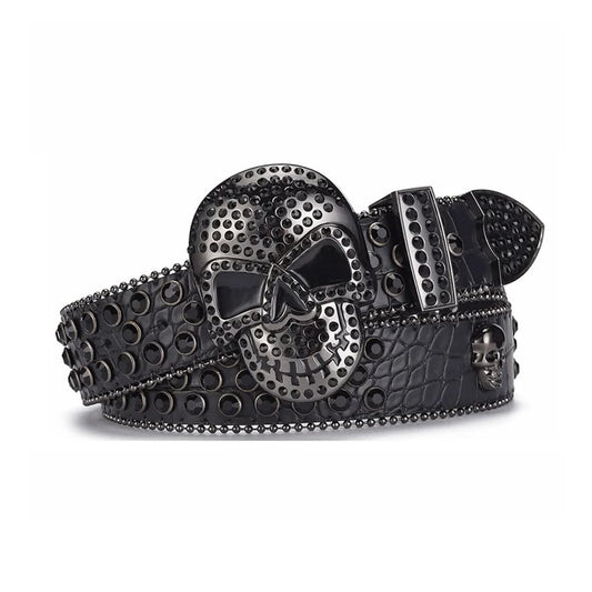 Skull Buckle Black Strap with Black Studs Rhinestone Belt-Belts-The Rhinestone Belts
