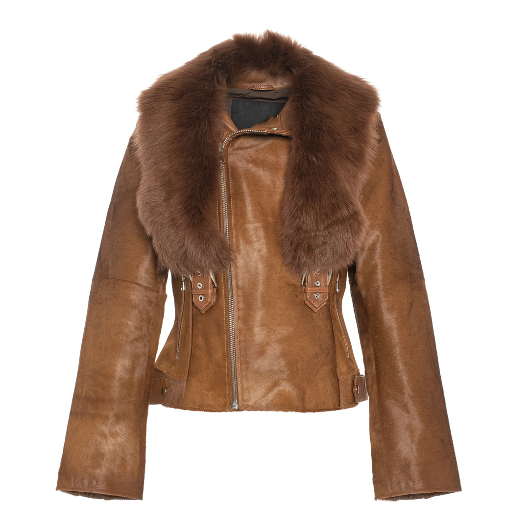 Women's Tara Calf Brown Fur Leather Jacket