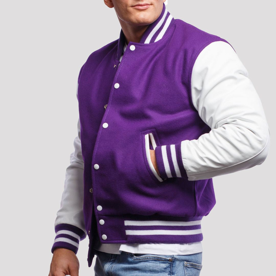 Purple Wool Body & Bright White Leather Sleeves Varsity Jacket