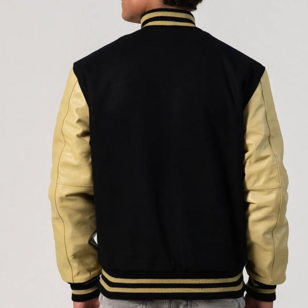 Black Melton Wool Body & Vegas Gold Leather Sleeves Varsity Jacket