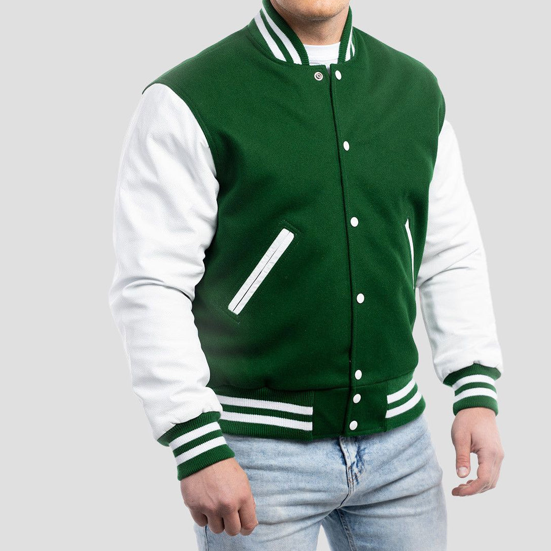 Kelly Green Wool Body & Bright White Leather Sleeves Varsity Jacket