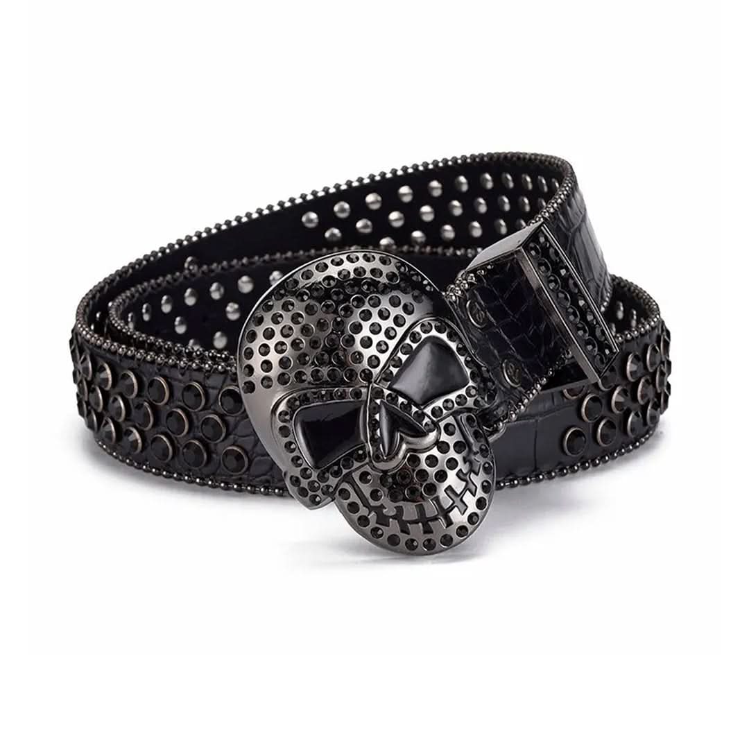 Skull Buckle Black Strap with Black Studs Rhinestone Belt-Belts-The Rhinestone Belts