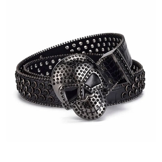 Skull Buckle Black Strap with Black Studs Rhinestone Belt-Belts-The Rhinestone Belts