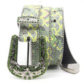 Art Style Engraved Buckle with Green Strap Rhinestone Belt-Belts-The Rhinestone Belts