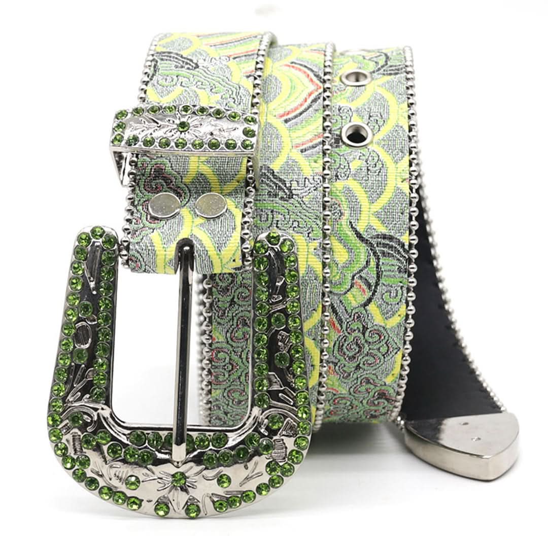 Art Style Engraved Buckle with Green Strap Rhinestone Belt-Belts-The Rhinestone Belts