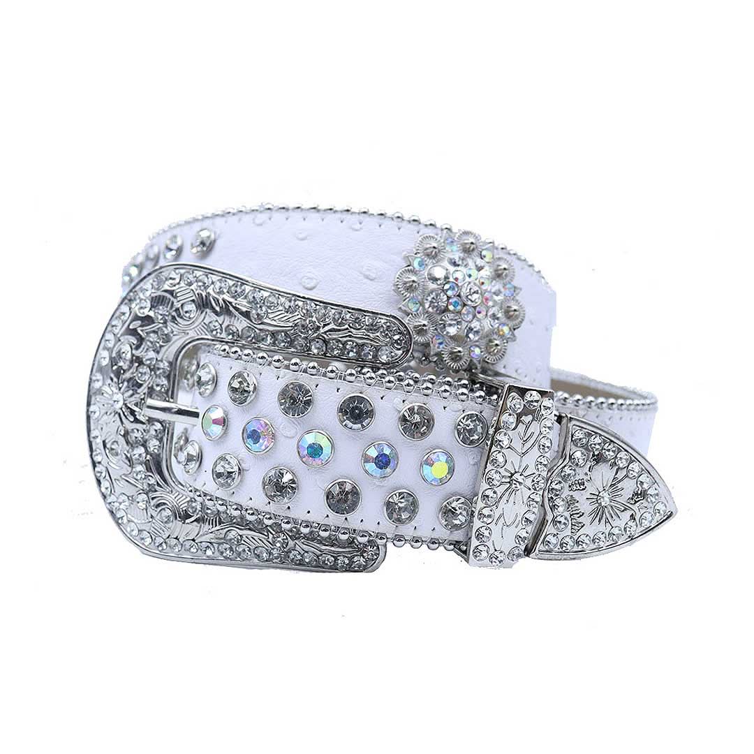 Engraved Buckle Flower White Strap with Multi and Crystal Studs Rhinestone Belt-Belts-The Rhinestone Belts