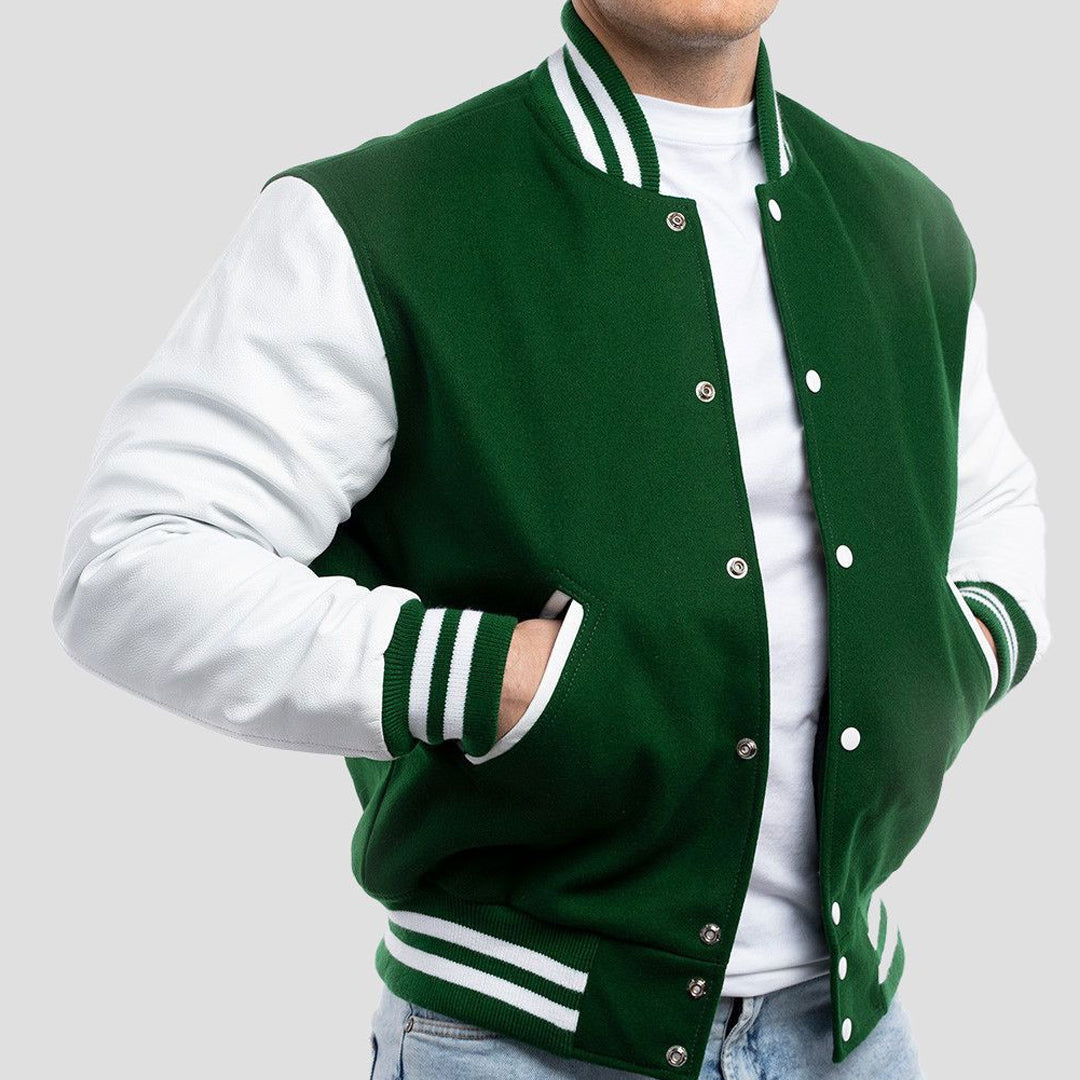 Kelly Green Wool Body & Bright White Leather Sleeves Varsity Jacket