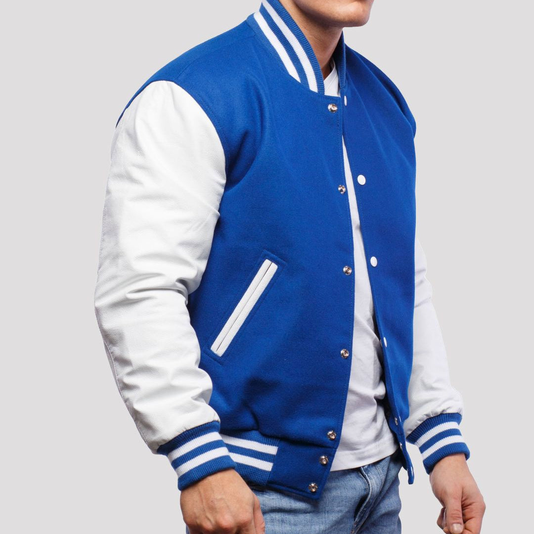 Bright Royal Wool Body & Bright White Leather Sleeves Varsity Jacket