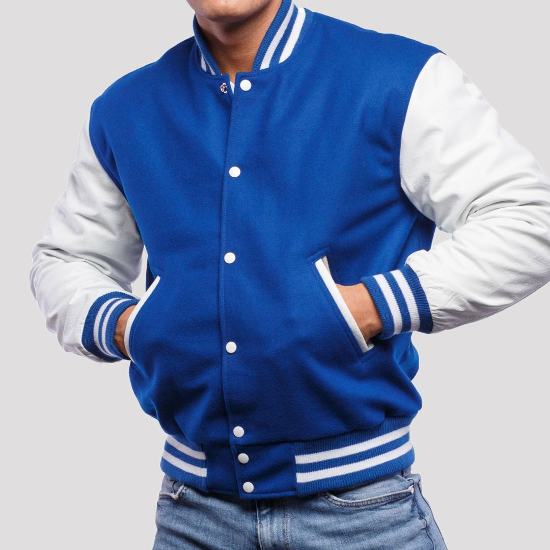 Bright Royal Wool Body & Bright White Leather Sleeves Varsity Jacket