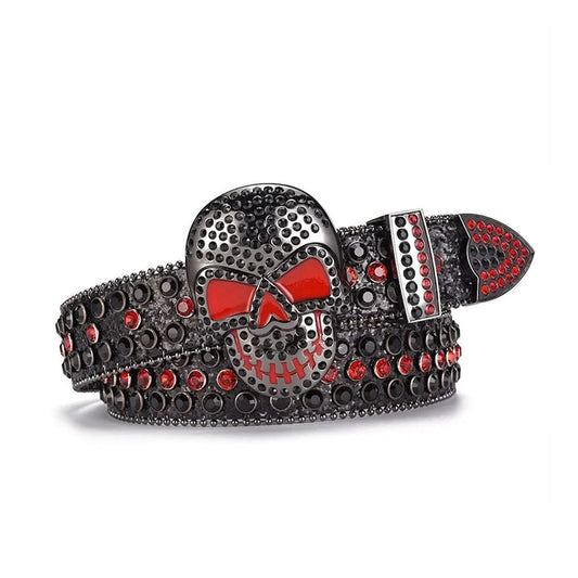 Skull Buckle Black Strap with Black and Red Studs Rhinestone Belt-Belts-The Rhinestone Belts