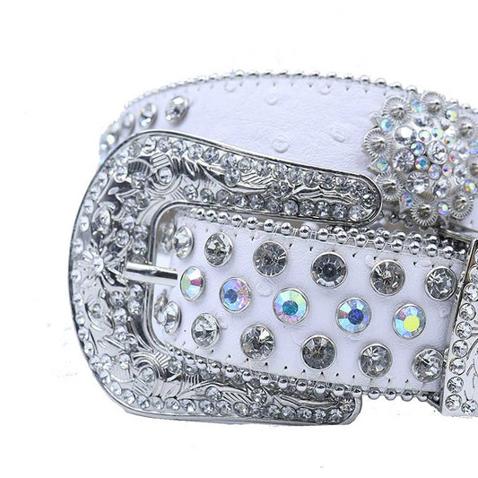 Engraved Buckle Flower White Strap with Multi and Crystal Studs Rhinestone Belt-Belts-The Rhinestone Belts