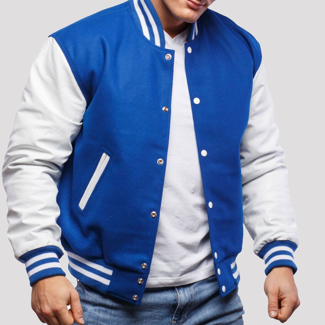 Bright Royal Wool Body & Bright White Leather Sleeves Varsity Jacket