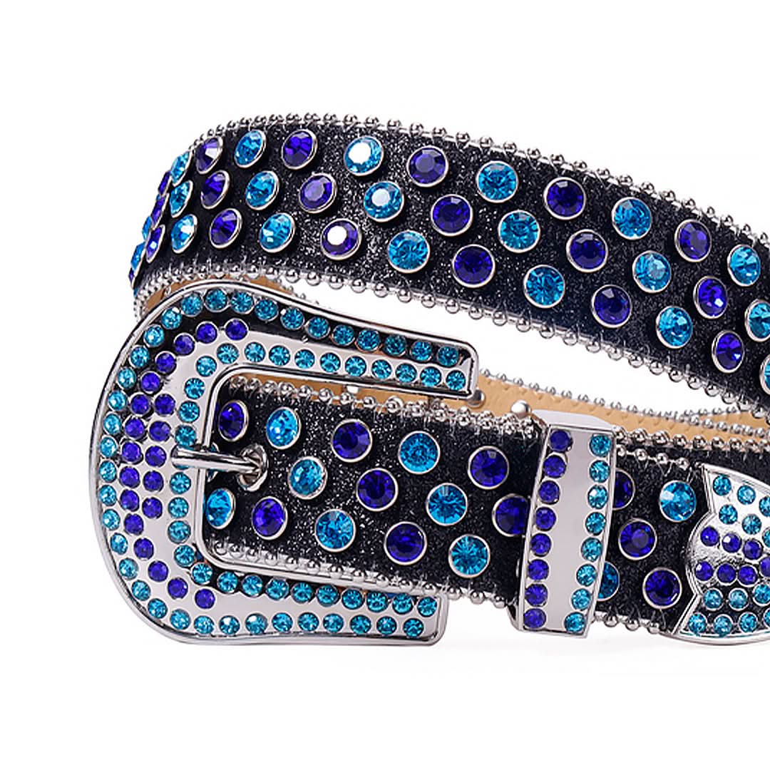 Blue and Purple Studs with Shiny Black Strap Rhinestone Belt-Belts-The Rhinestone Belts