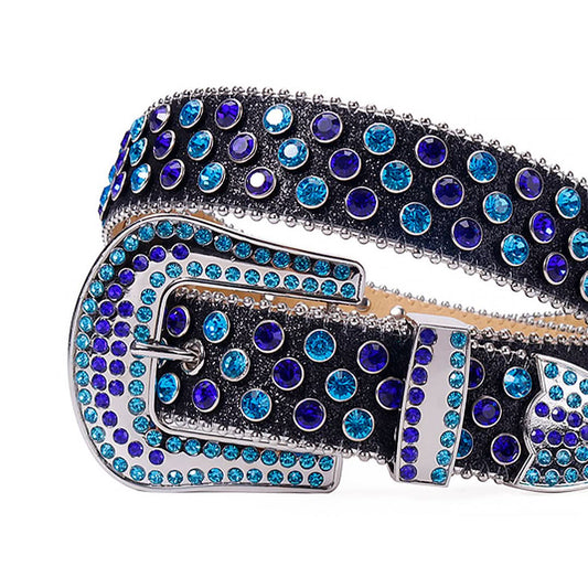 Blue and Purple Studs with Shiny Black Strap Rhinestone Belt-Belts-The Rhinestone Belts