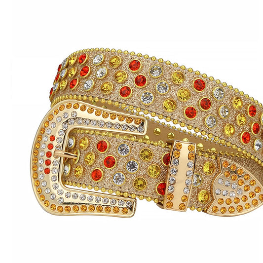 Multi Crystal Design with Gold Strap Rhinestone Belt-Belts-The Rhinestone Belts
